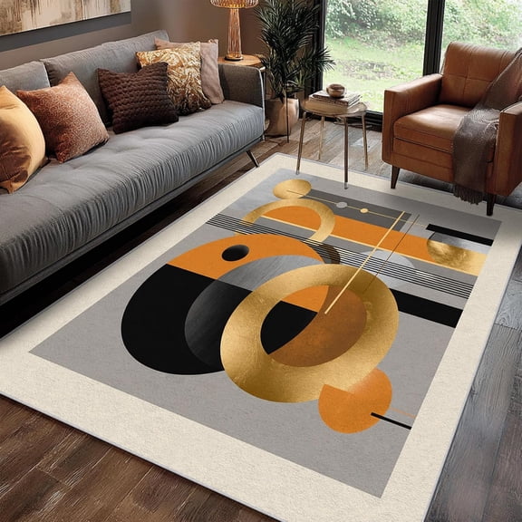 Gold Circle Geometric Area Rugs, Modern Abstract Accent Carpet, Washable Non Slip Low Pile Soft Rug for Living Room Bedroom Home Decor Mat 2x3ft