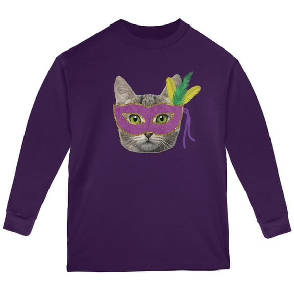 Mardi Gras Mask Funny Cat Youth Long Sleeve T Shirt Purple YXL