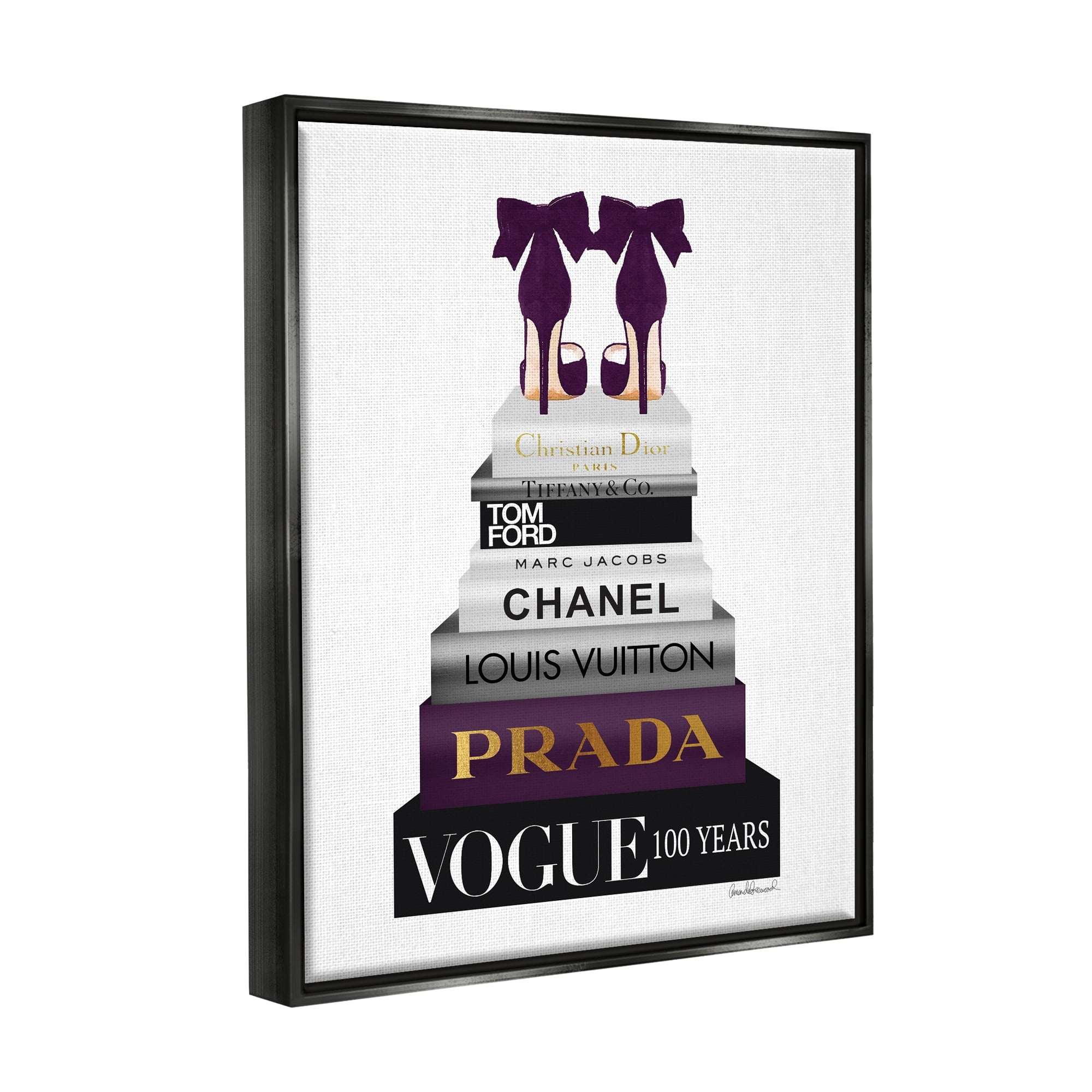 Stupell Industries Fashion Designer Shoes Bookstack Purple Gold Watercolor Jet Black Framed Floating Canvas Wall Art, 24x30, by Amanda Greenwood