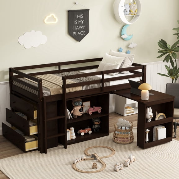 PureDashio Twin Size Low Loft Bed, Rubber Wood Loft Bed Frame with Guardrails, Ladder, Storage Drawers, Bookshelf and Pull-Out Desk, No Box Spring Needed, Black