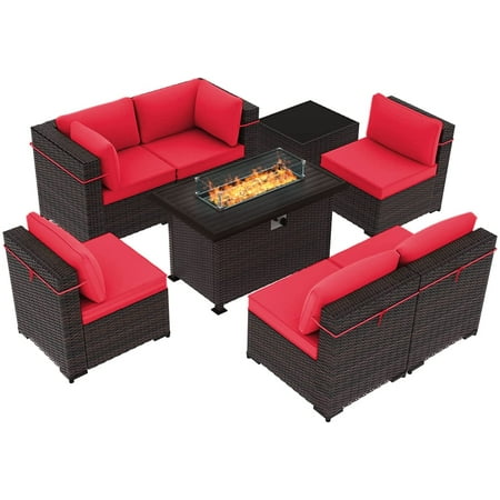 Gotland Outdoor Patio Furniture Set with 43 Propane Fire Pit Table 8 Pieces Outdoor Furniture Patio Sectional Sofa Conversation Sets(red）