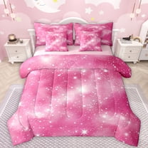 Manfei Starry Sky Print 7-Piece Twin Bedding Sets,Modern Minimalist Art Bedding Comforter Set,Pink White Sheet Sets For Girls Kids,Luxury Bedroom Decor Reversible