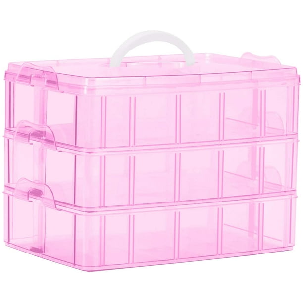 Mikewe 3 Tier Pink Craft Storage Box, Stackable Storage Box With Dividers For Art Supplies, Fuse Beads, Washi Tapes, Beads, Hair Accessories, Nails Pi