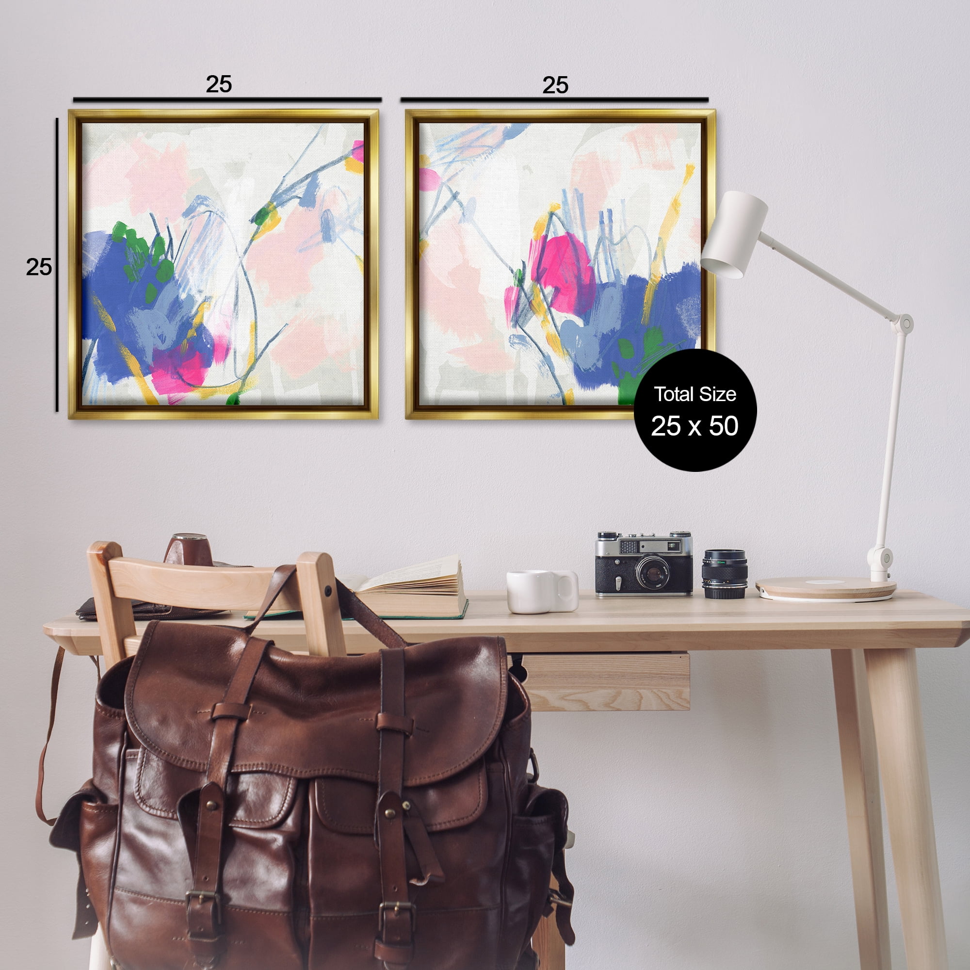 Stupell Industries Pink Blue Pop Abstract Abstract Painting Gold Floater Framed Canvas Art Print Wall Art, 25 x 25, Set of 2