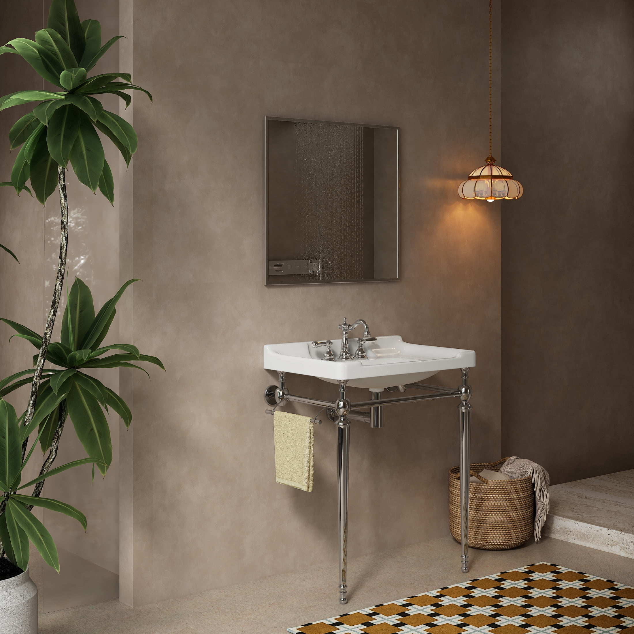 Noble House VICI 28" Bathroom Console Sink, Wall-Mounted Ceramic Basin Vanity with Stainless Steel Legs, White & Chrome