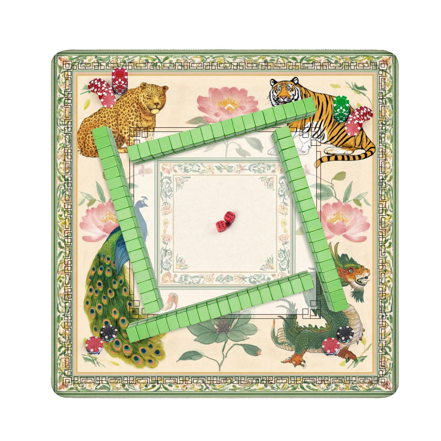 Mahjong Mat 31.5" x 31.5" Colorful Oriental Animal Flower Tiger Leopard Peacock Dragon Floral Non-Slip Noise Reduction American Mahjong Tiles Table Cover for Dominoes Poker Card Board Games Gift