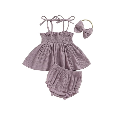 

Baby Girls Summer Clothes Sets 3PCS Solid Ruffles Sleeveless Shirred Dress Vest+Shorts Hairband