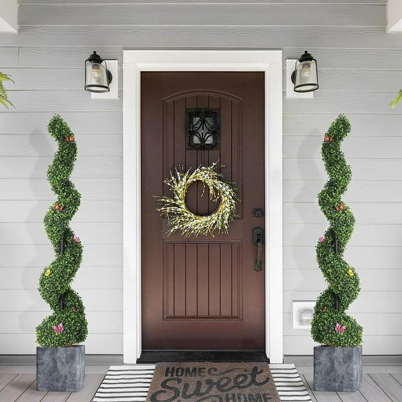 Ataucjin 5FT Artificial Boxwood Spiral Topiary Trees, 2 Pcs Outdoor Faux Plants with Insect Decoration, Evergreen Artificial Plants Outdoor for Decorative, Indoor, Porch, Garden