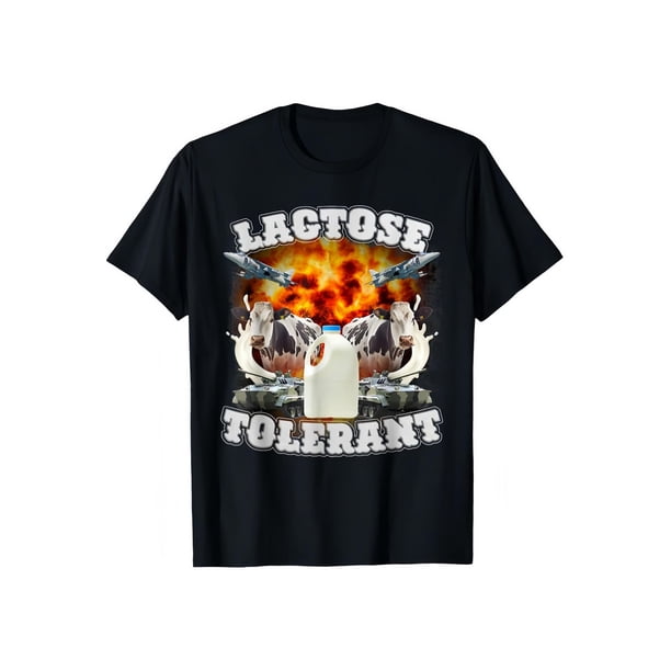 T - shirt with “LaCToSe ToLeRaNT” graphic of cows, milk & explosions, for humor lovers.