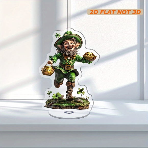 Rotating acrylic display features a leprechaun in a green suit and hat holding a pot of gold amidst a beautiful forest scene