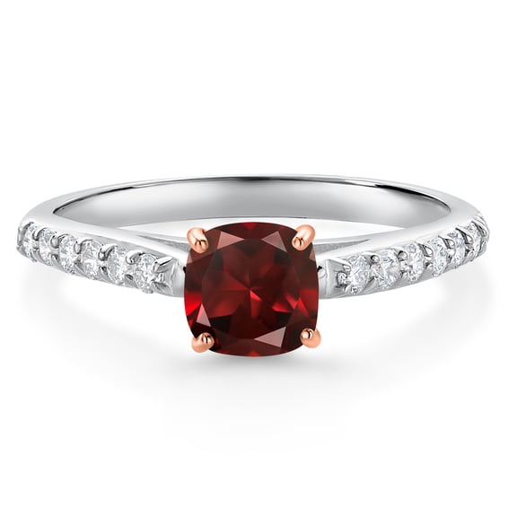 Gem Stone King 0.98 Ct Red Garnet G/H Lab Grown Diamond 10K White Gold Engagement Ring with Rose Gold Prongs (Size 5)