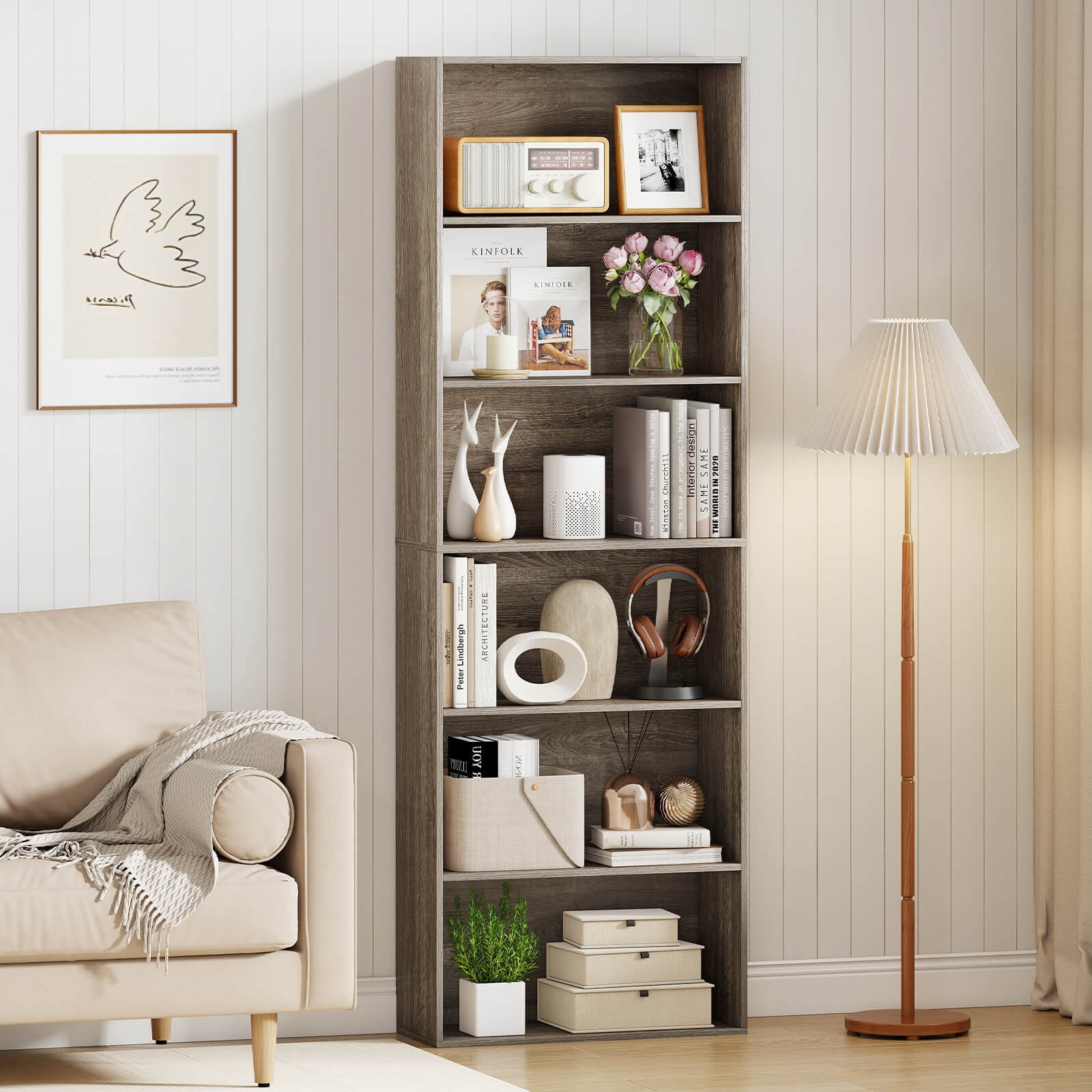 Costway 6-Tier Bookshelf with Open Shelves, Anti-Tipping Kits for Living Room Bedroom Study Gray