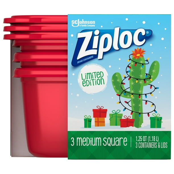 Ziploc Brand Holiday Food Storage Container Medium Square, Red, 3 CT