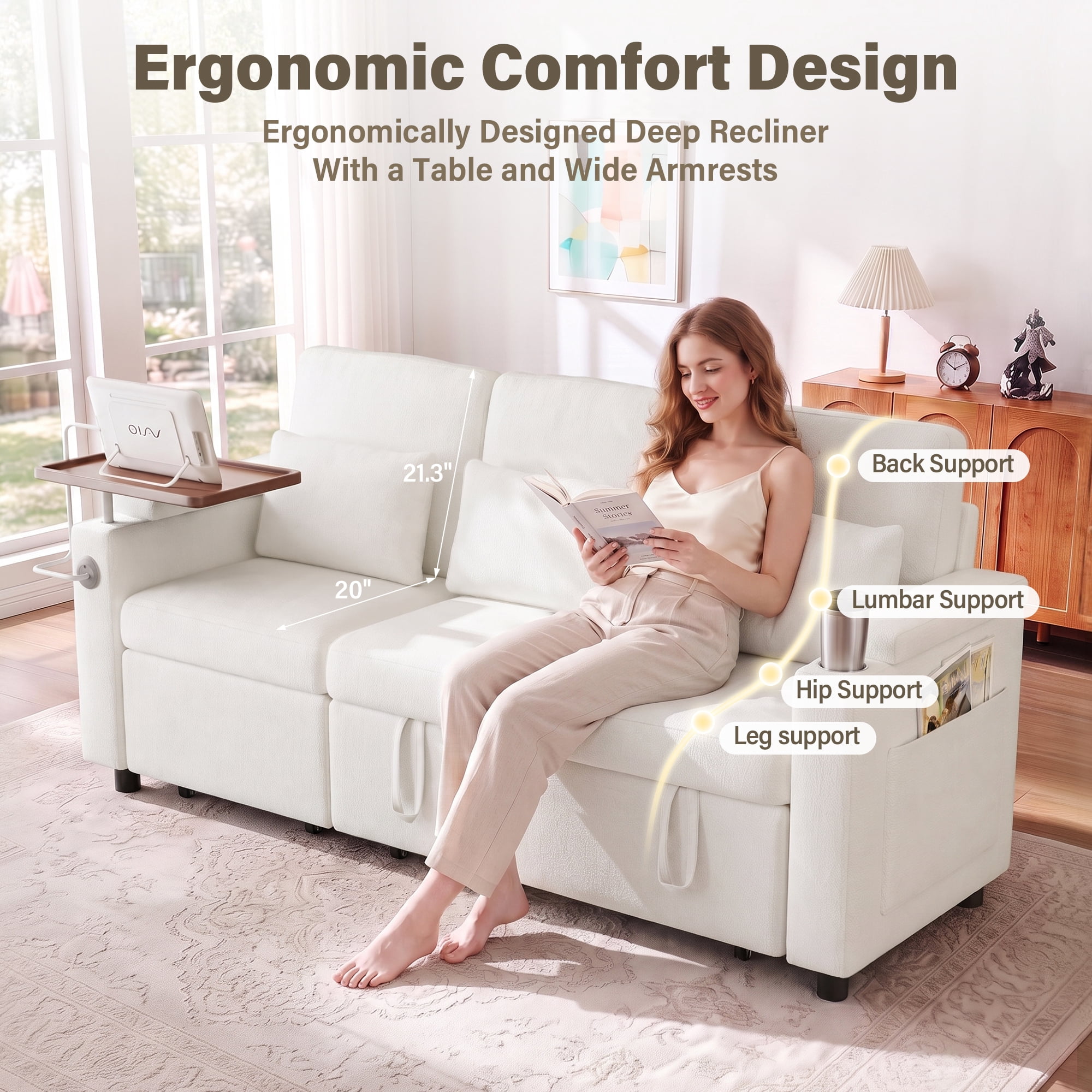Aukfa 81" Convertible Sleeper Sofa,Chenille 3-in-1 Sofa Bed with Recliner,Center Table,USB Ports & Storage Armrests,White