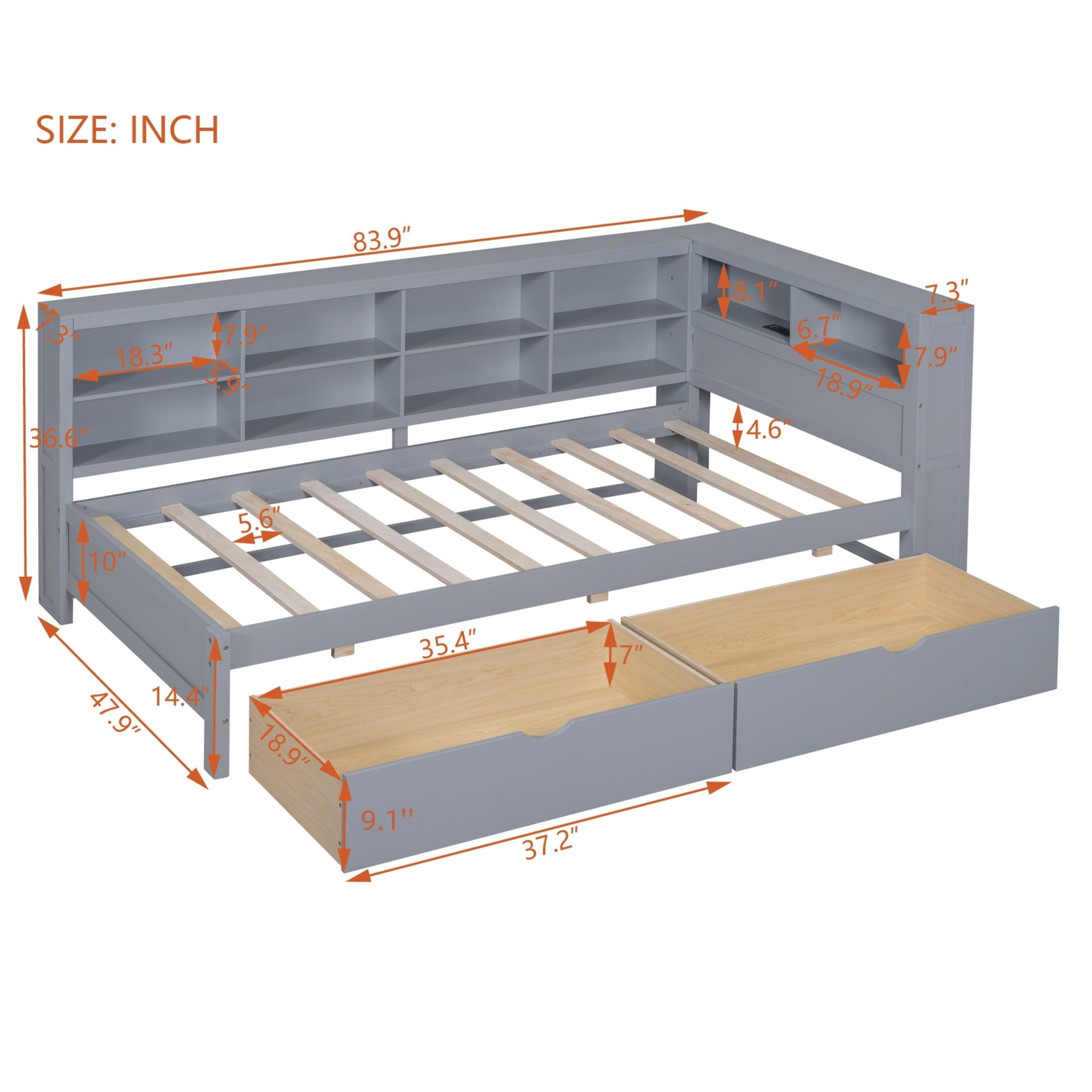 Noble House Twin Wooden Daybed with 2 Drawers, Storage Shelves and USB Charging Ports, Gray