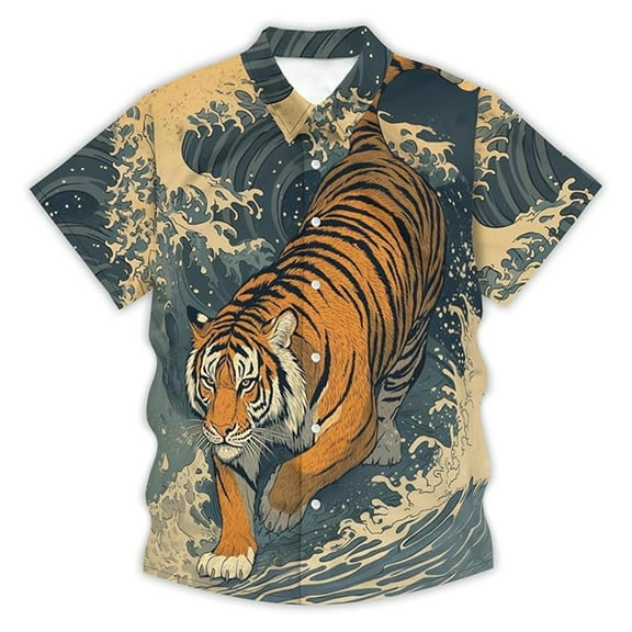 Button Up Shirt Men Funny Tiger Print Thin Hawaiian Shirt Breathable Short Sleeve Turndown Collar Relaxed Fit Mens Shirt