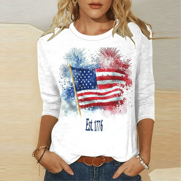 Sevevn Women's Fashion Printed T-shirt 3/4 Sleeves Blouse Round Neck Casual White S Spring Tops for Women