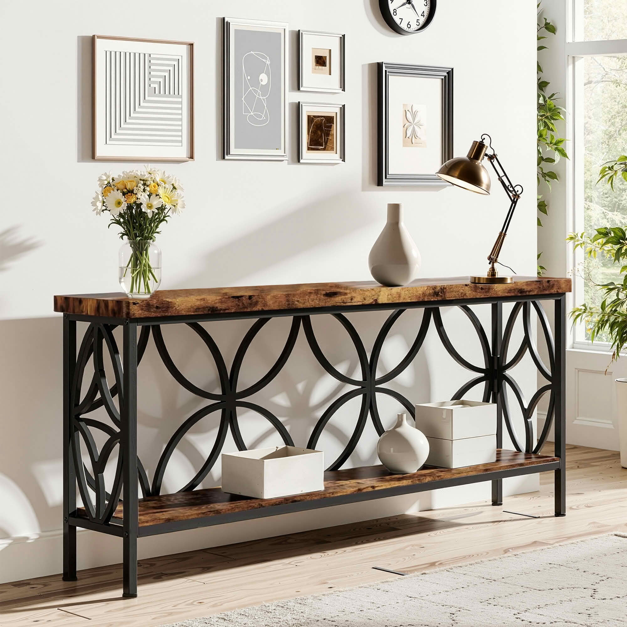 MAYEERTY 70.9" 2-Tier Industrial Console Table, Rustic Wood Top Black Metal Frame Sofa Table with Adjustable Floor Pads
