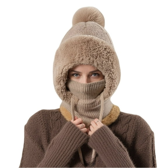 3-in-1 Winter , Women's Outdoors Windproof Scarf Hat, 3-in-1 Hat, Women's Knitted Ski Scarf and Mask Set Khaki F