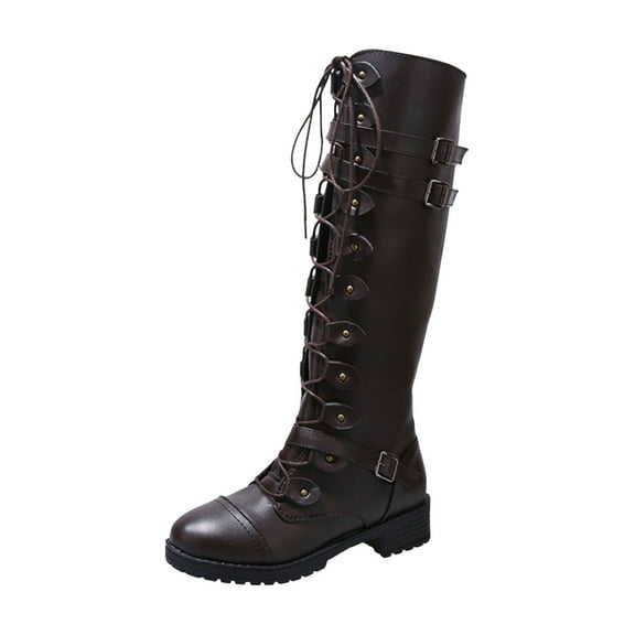 YLYL Women Knee High Boots PU Leather Lace-up Gothic Vintage Punk Buckle Military Combat Boot