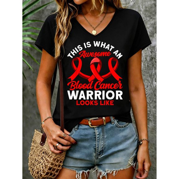 This is what an awesome Blood Cancer Warrior Awareness V Neck T-Shirt Cotton Women's V Neck Graphic Tee, Casual Short Sleeve Shirt,Vacation Outfit