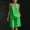 thumbnail image 5 of Guluxicc 2 Piece Womens Outfit Sets Linen Halter Neck Sleeveless Deep V Neck Top High Waist Pleated Shorts Outfits with Pockets for Summer Casual Wear, 5 of 5