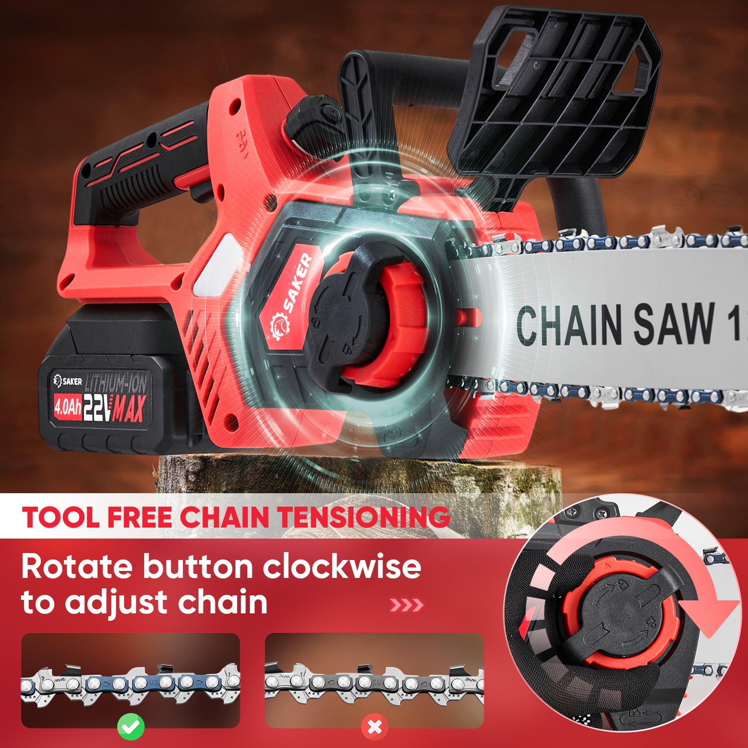 Saker 12" 22V 4.0Ah Battery Powered Chainsaw, Auto-Tension, LED Power Display