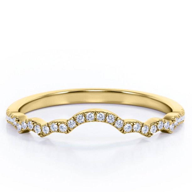 JeenMata Alianza de Boda Curvada con Forma de Nube de Diamantes de Talla Redonda de 0,15 TCW y Pavé Festoneado en Oro Amarillo de 10 K