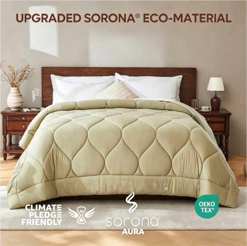 Bestier Sorona Eco Fabric Queen Size Comforter | All-Season Boho Duvet Insert with Anti-Clump Tech | Luxury Hotel Winter Warm Close-Fitting Down Alternative, Olive Green (90x90 inches)