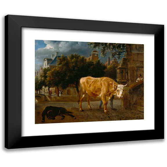 Jan van der Heyden 14x12 Black Modern Framed Museum Art Print Titled - Bull in a City Street (ca. 1670)
