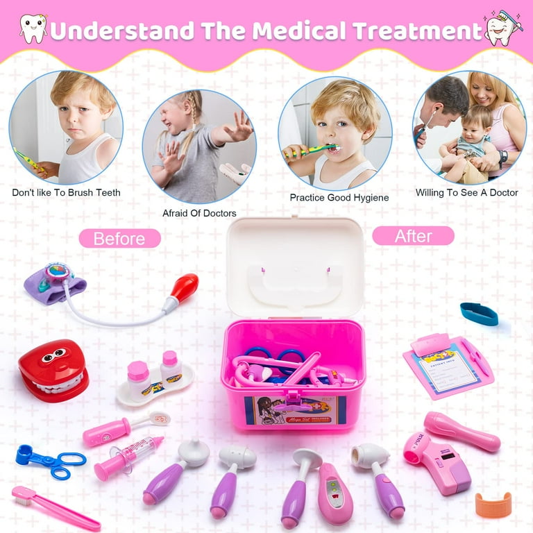  Doctor Playset Medical Kit Contains Children's Injections,  Lighted Play Stethoscope for Kids, Dentist kit for Kids 3-5 Pretend Play(30PCS)  (Blue Doctor kit) : Toys & Games