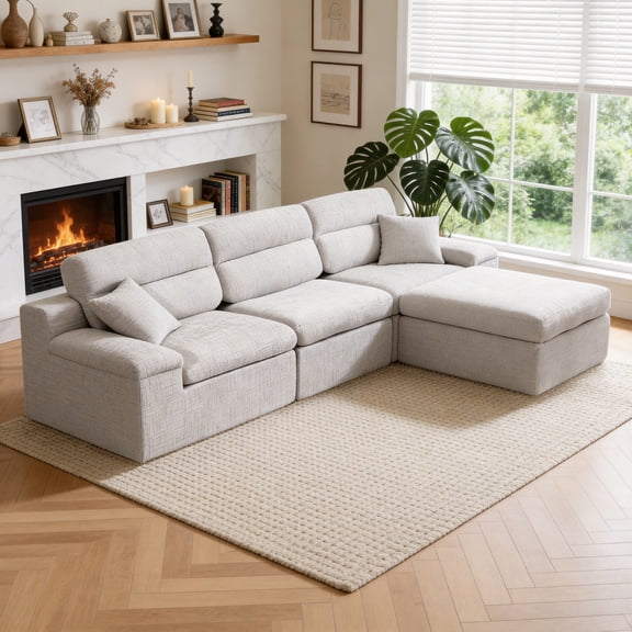 Corner Chaise Sofa with High Backrest,L-Shaped Couch with Slub Chenille Fabric, Compressed High-Density Sponge Cushion, Space-Saving No-Assembly Sofa for Living Room,Apartment(Light Gray)
