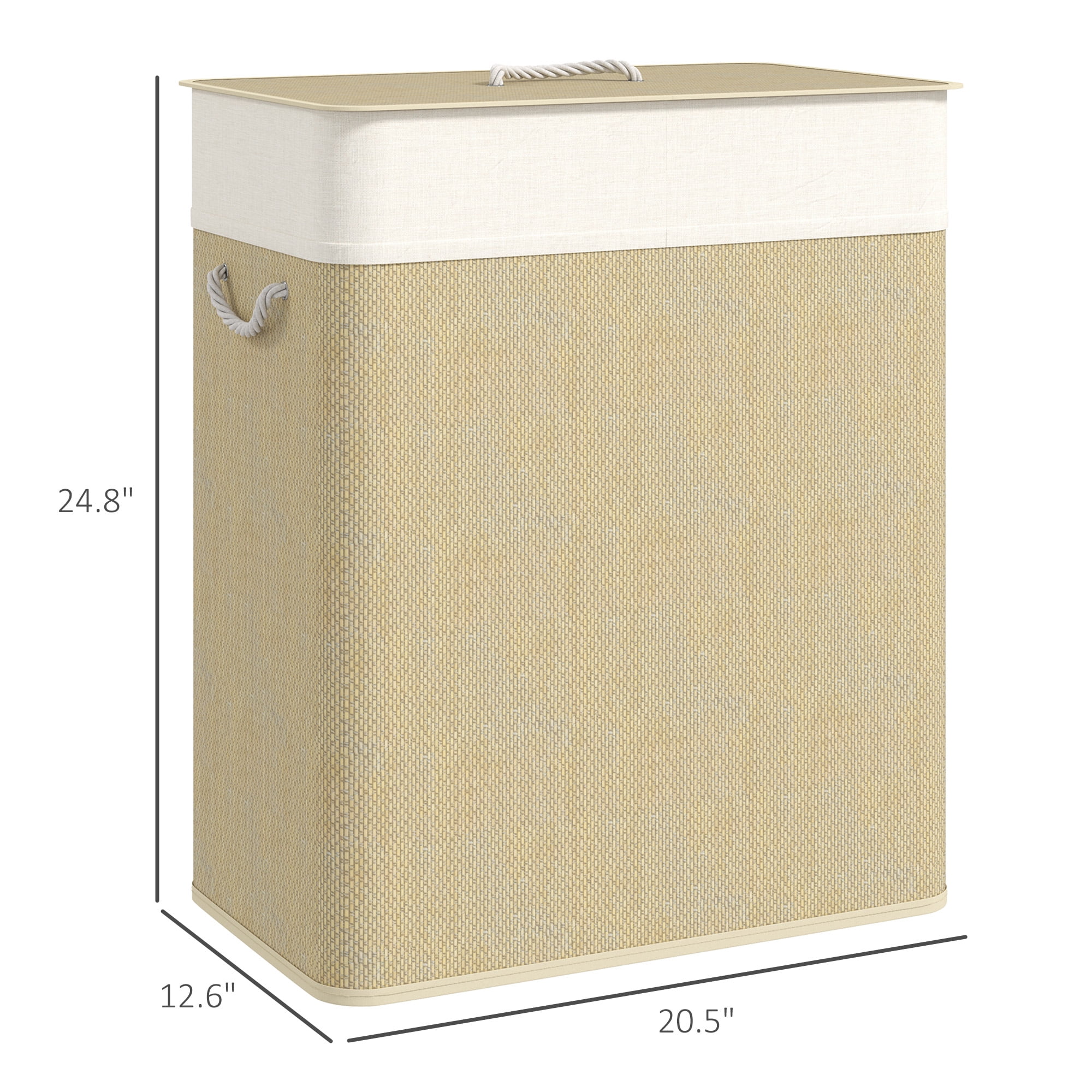 HOMCOM Double Laundry Basket with Lid, 26.4 Gallon Bamboo Laundry Hamper with Rope Handles, Clothes Hamper with Removable Liner for Bedroom, Natural