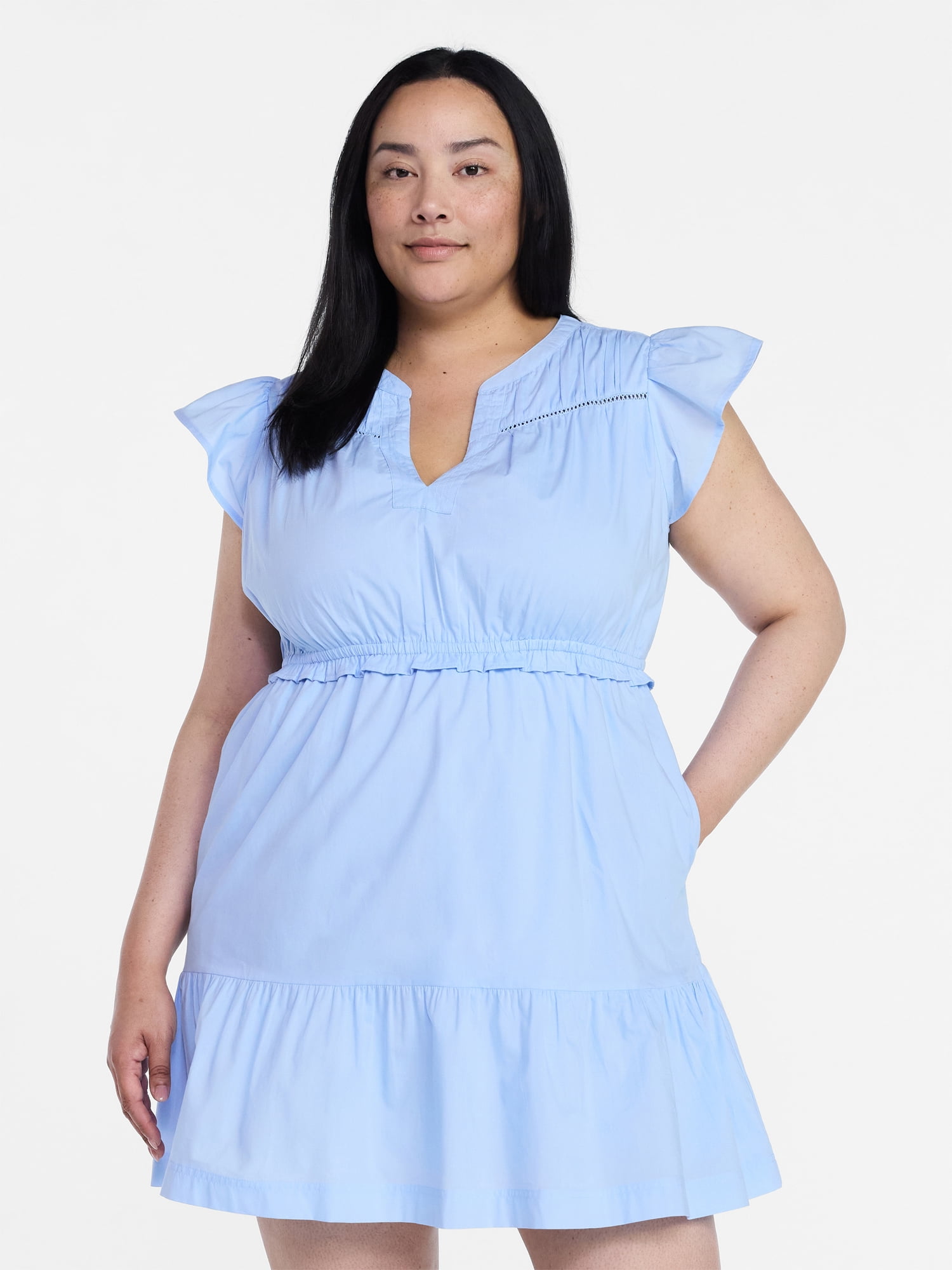 Time and Tru Women's Cotton Flutter Sleeve Mini Dress, Sizes XS-XXXL
