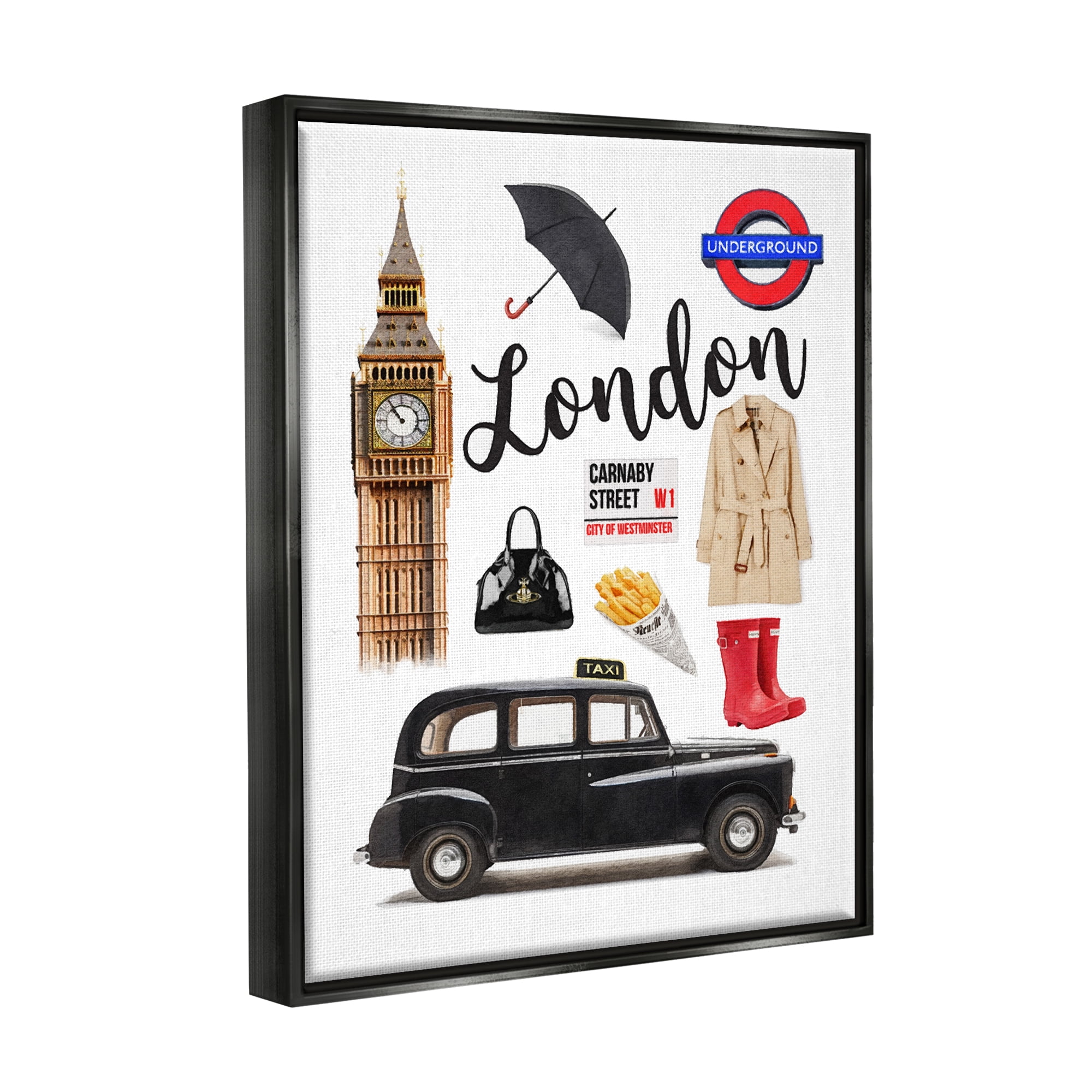 Stupell Industries London Glam Travel Town & City Painting Black Floater Framed Canvas Art Print Wall Art, 17 x 21
