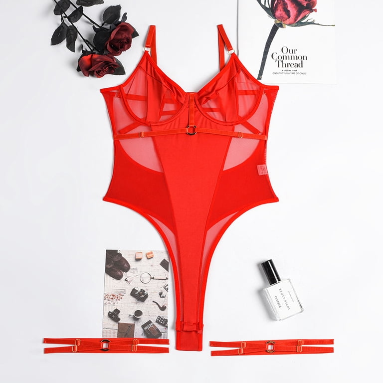 Mesh Splicing One Piece Lingerie Women Adjustable Snap Crotch