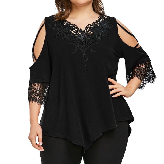 Conairie Cold Shoulder Shirt For Womens V Neck Solid Loose Short Sleeve Tunic Tops Breathable Soft Work Tee Pullover Outfits Black L