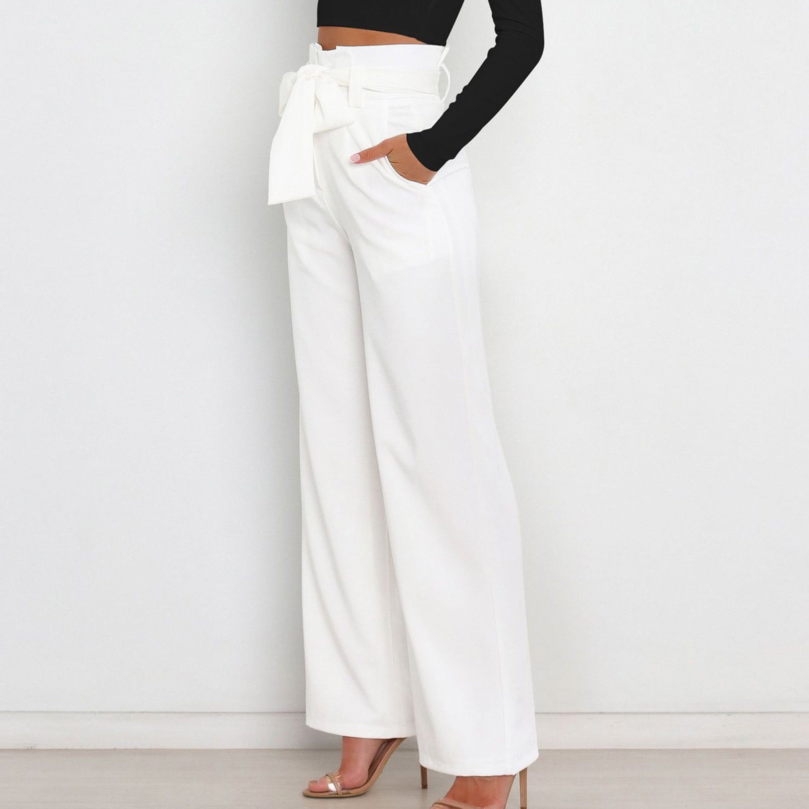 VIP【関税送料無料】希少 BLUMARINE WHITE PANTS XFLWAM Wide Leg Pants for Women High Waist Dressy Bow Tie