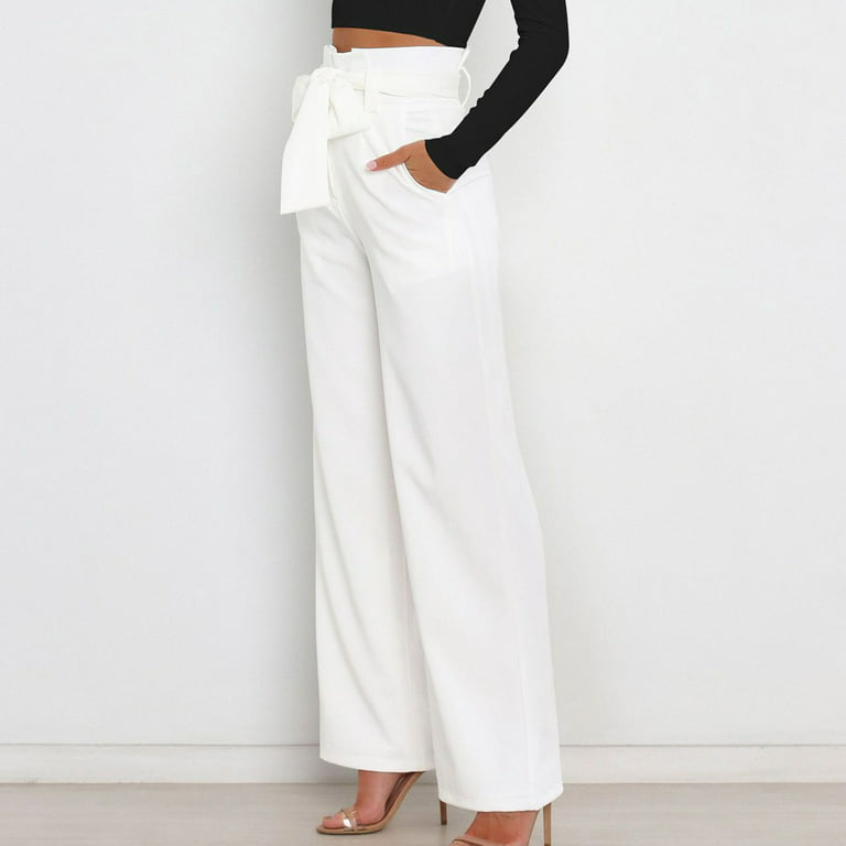 SELONE Palazzo Pants for Women High Waist High Waist High Rise Wide Leg  Trendy Casual with Belted Long Pant Solid Color High-waist Loose Pants for  Everyday Wear Running Work Casual Event White