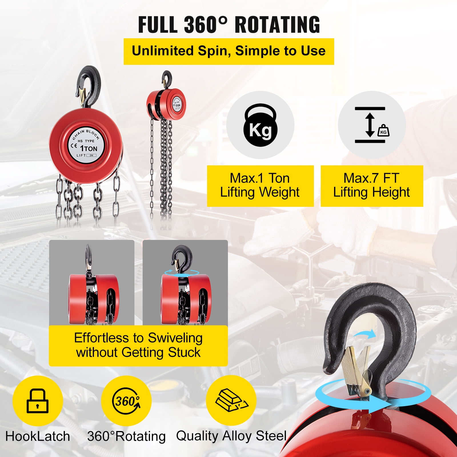VEVOR Hand Chain Hoist, 1Ton/7ft Chain Block, Manual Hand Chain Block, Manual Hoist w/Industrial-Grade Steel Construction for Lifting Good in Transport & Workshop, Red