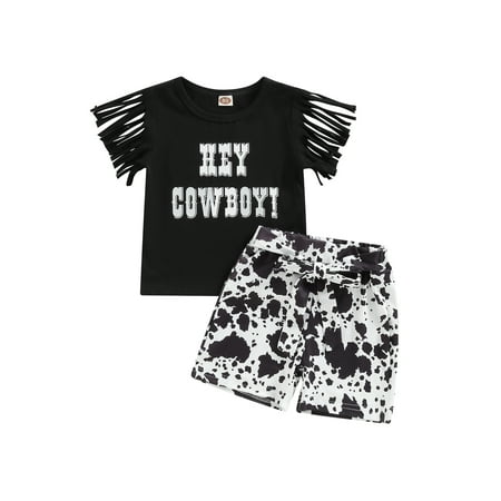 

Kids Baby Girls Summer Outfit Letter Print Sleeveless Tops with Tassels and Casual Elastic Shorts