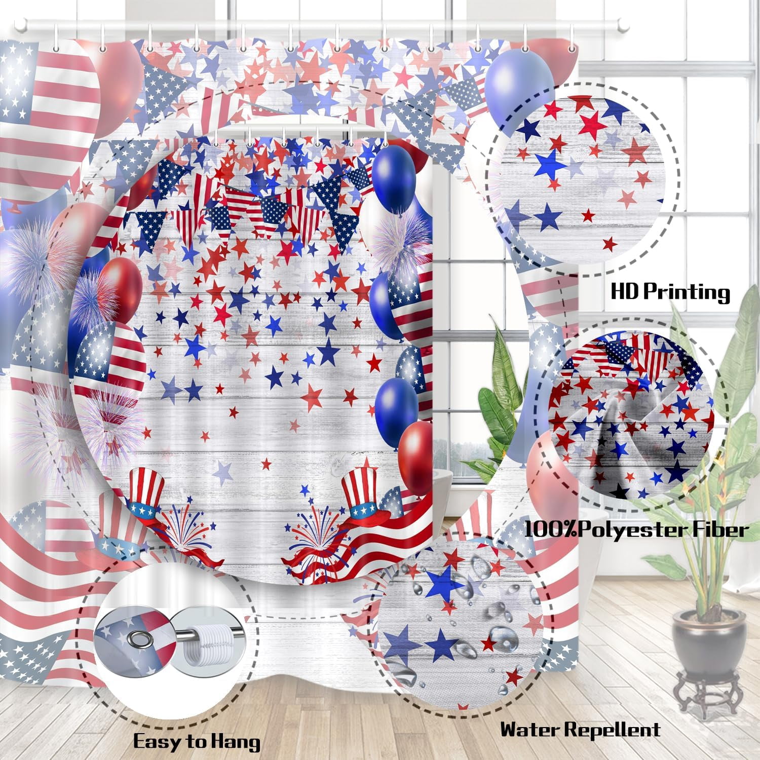 Happy 4th of July Independence Day Shower Curtain, Presidents Day Memorial Day Veterans Day God Bless The USA Patriotic Bathroom Shower Curtain with 12Pcs Hook