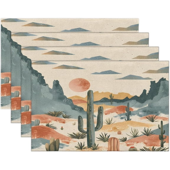 Watercolor Desert Cactus Placemats Set of 4 Linen Fabric Place Mats Heat Resistant Machine Washable Placemats Non-Slip Place Mat for Kitchen Dining Table
