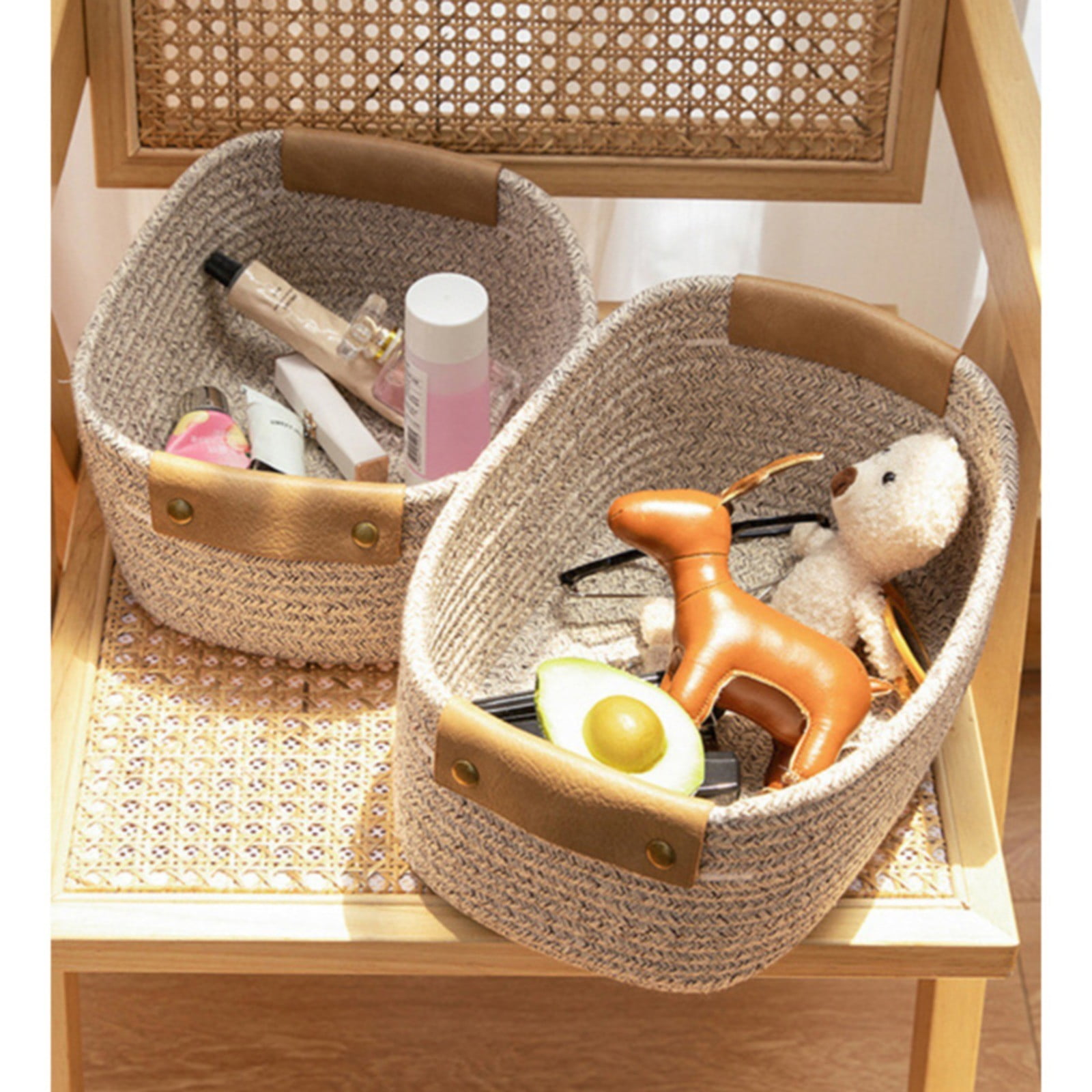 Cotton Woven Basket with PU Leather Handle, Clothes Toys Candy Gifts Cotton Rope Organizer, Living Room Basket Bathroom Shower Storage Laundry Basket, Dog Cat Bed, Fall Basket, 11.02x8.66x4.33"