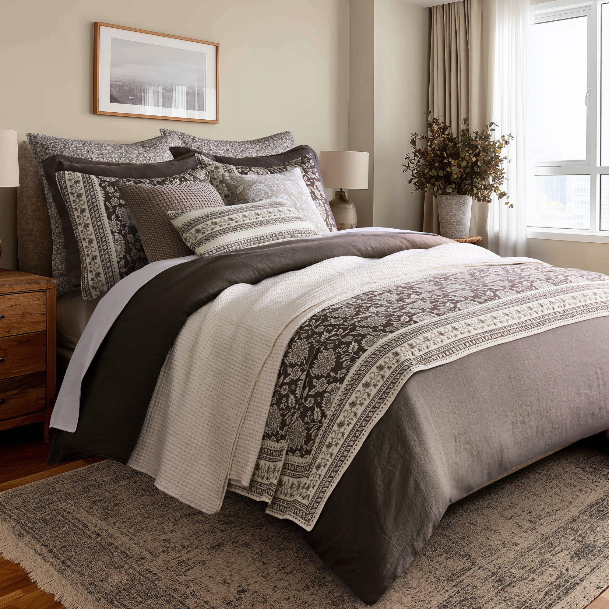 Levtex Home Adare Cocoa Reversible Twin / Twin XL Quilt Set (68x86in) with 1 Pillow Sham (26x20in) - Floral Bedding - Brown Taupe Cream - Cotton Twin Size Quilt Bedding Set