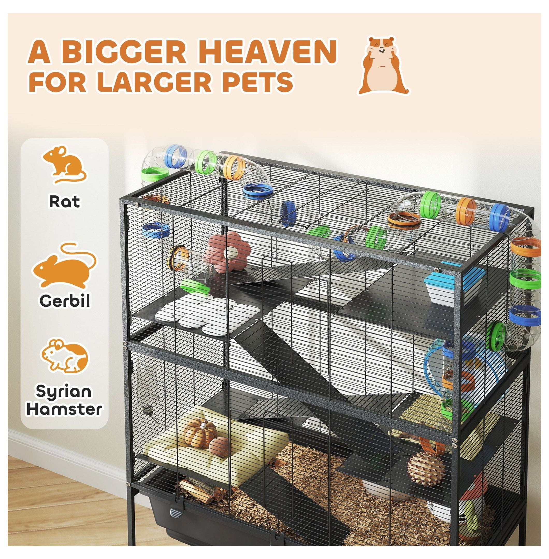 Hamster Cage 5 Tier, Rat Cage Rolling with Deep Tray & Shelf, Exercise Wheel & Tubes - Syrian Hamster Gerbil Habitats