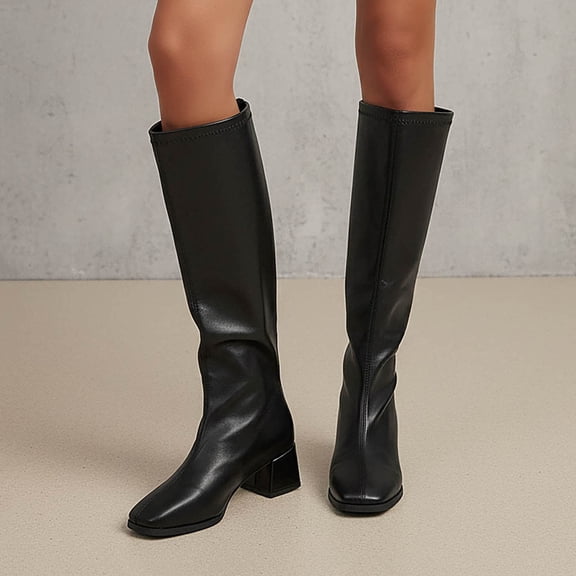 BRGZLK Women's Autumn Winter Long Boots Solid Color Square Toe Chunky Heel High Heel Knee-Length Boots Daily Walking Shoes Black 38