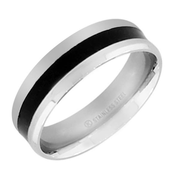 Stainless Steel Black Enamel Silver-Tone Polished Ring Band - Size 13