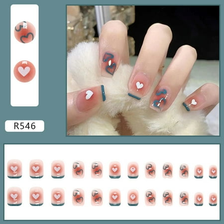 

24Pcs Gradient Blush False Nails Blue Edge Heart Print Fake Nails for Women