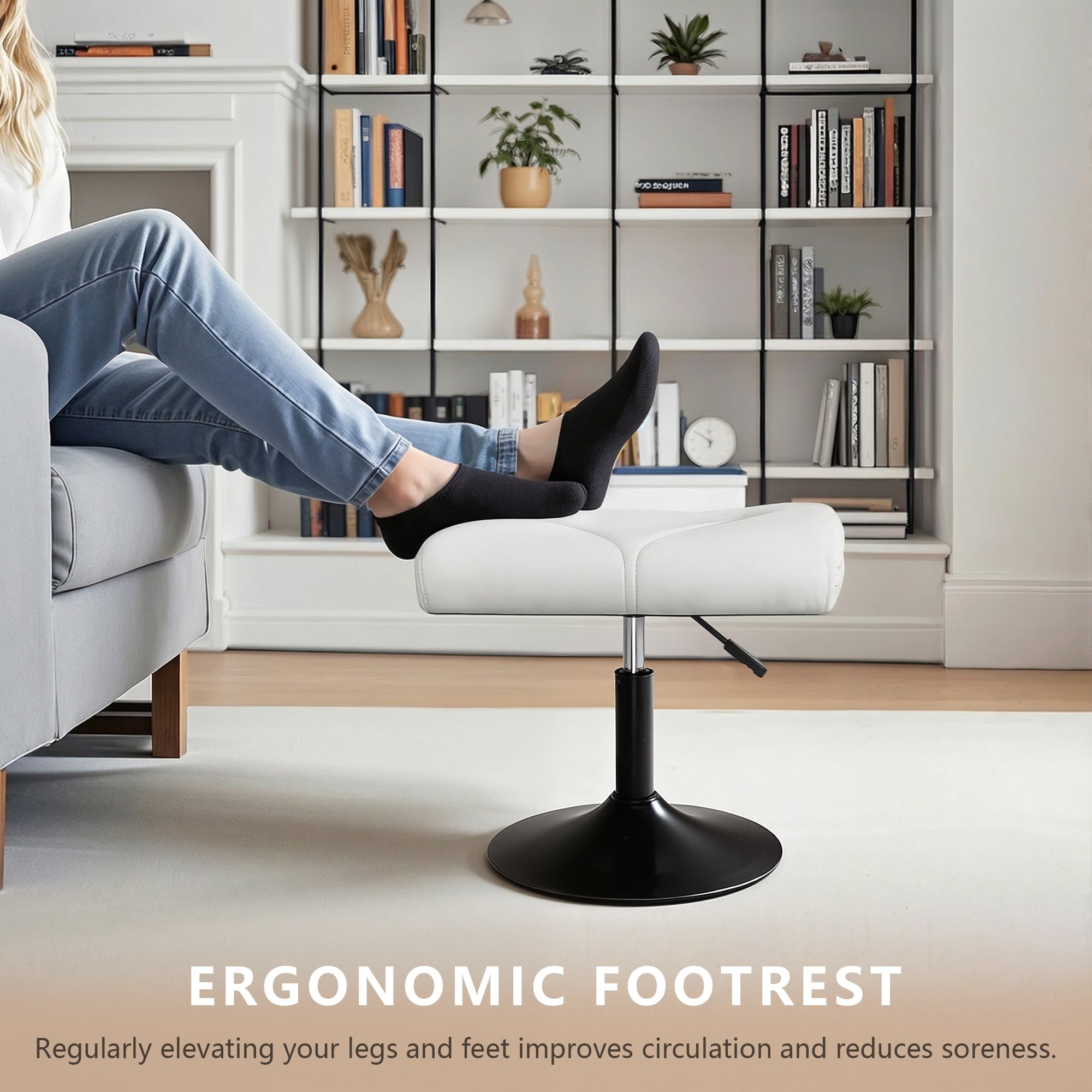 VECELO Footrest Height Adjustable Ottoman Leg and Foot Rest for Work Comfort, Computer Desk Swivel Stool with Thick Padding, Office Seat, White